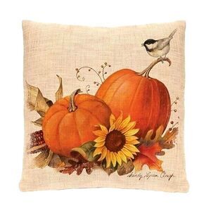 Pumpkin Sunflower Chickadee Linen Pillow Cover Harvest Orange Zippered Gift NEW